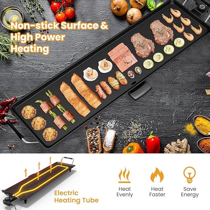 KOTEK 35” Electric Griddle, Nonstick Extra Large Teppanyaki Grill with 5 Adjustable Temperature, Drip Tray, Cool Touch Handles, 2000W Flat Top Pancake Griddle Smokeless for Indoor Outdoor BBQ Party