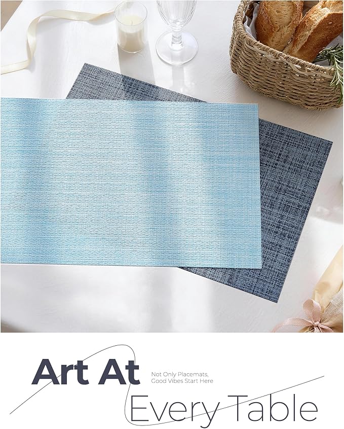 Leetaltree Soft Sky Blue Woven Placemats Set of 8 - Heat Resistant Non-Slip Place mats for Dining Table, Washable Durable PVC Vinyl Woven Table Mats(Sky Blue, 8)