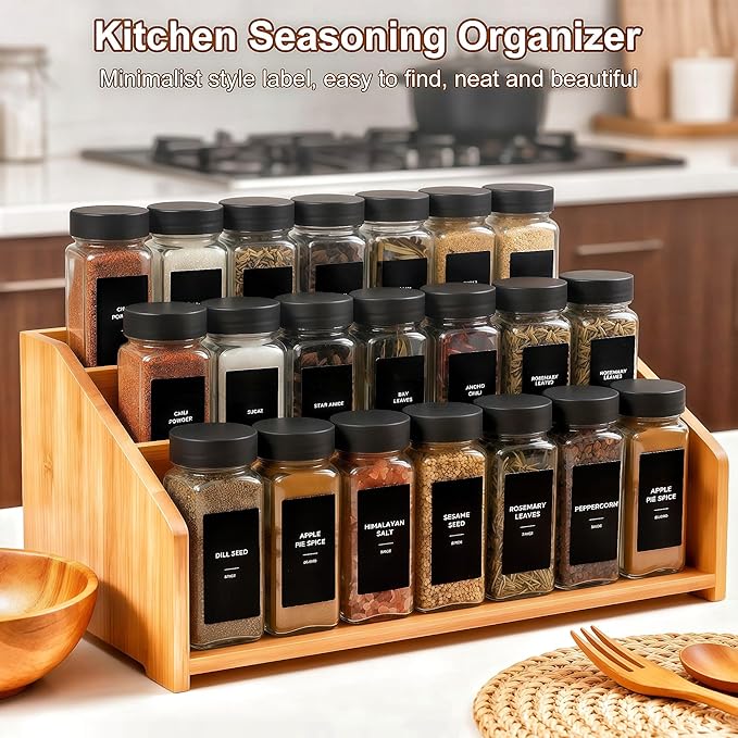 24Pcs Spice Jars Containers with Labels，4oz Black Seasoning Bottles with Shaker Lids for Rack, Cabinet, Drawer,Empty Square Condiment Pots (24, Black)