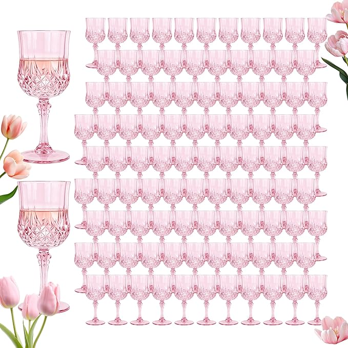 Plastic Wine Glasses, Plastic Goblets Vintage Style Cordial Unbreakable Drinking Glasses, Reusable Drinkware for Wedding Reception, Grand Event Party Supplies (100, Pink)