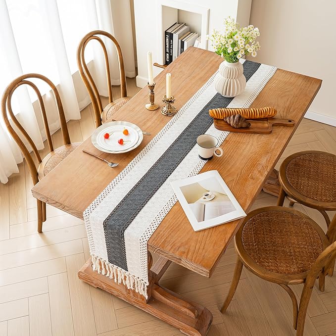 FEXIA Boho Table Runner for Home Decor with Tassels 60 Inches Long,Grey Farmhouse Rustic Table Runner Macrame Burlap Table Decoration for Living Room Bridal Shower(12x60 Inches)
