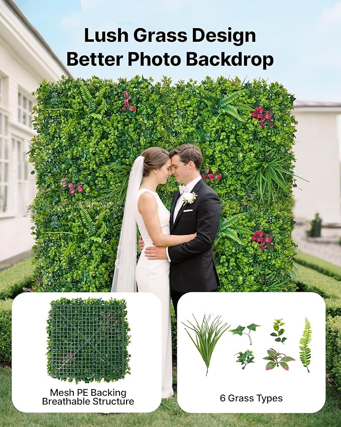 VEVOR Artificial Plant Wall, 12PCS 20 x 20 in Artificial Boxwood Panels, Greenery Backdrop Privacy Hedge Fence with Sun Protection, Fake Grass Wall Screen for Wedding, Indoor, Garden，Mixed Leaf