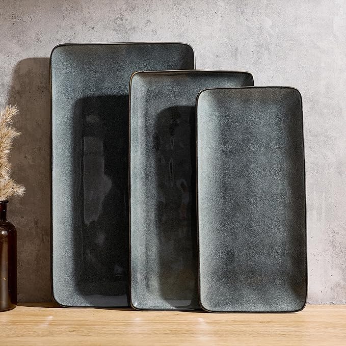 Famiware Serving Platter, Rectangular 15.67/14.1/12.6inch Serving Dishes for Entertaining, Dishwasher Safe, Stoneware Serving Trays for Party, Food, Turkey, Snack, Cheese, Reactive Glaze, Deep Forest