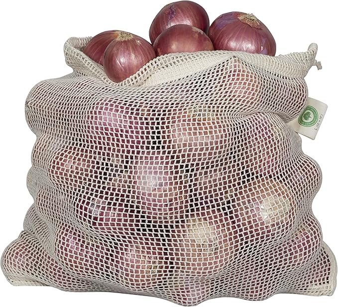 Reusable Onion Storage Bags - Organic Cotton Mesh Onion Bags with Drawstring - Washable Onion Holder Storage - Net Onion Keeper Sacks - Perfect Potato Storage Bags - Root Vegetable Sacks (3 X-Large)