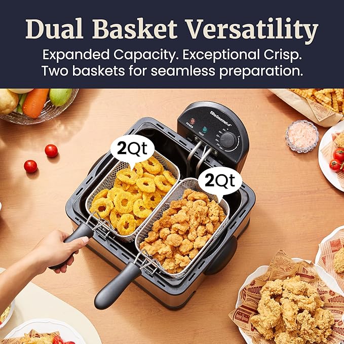 Elite Gourmet Electric Deep Fryer, 4.5 Qt Total Oil Capacity (Dual 2-Qt Split Baskets), 1700 Watts, Stainless Steel, Separates Foods for Simultaneous Cooking, Stainless Steel