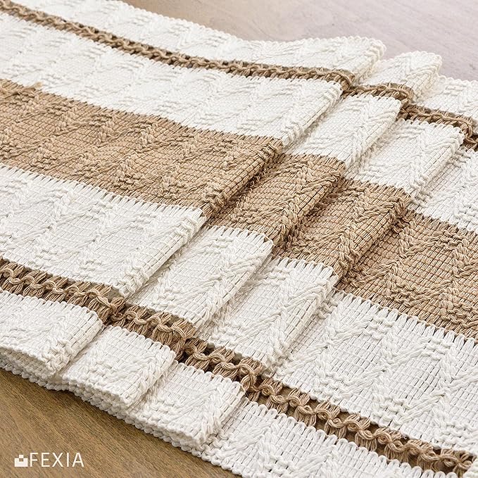 FEXIA Boho Table Runner for Hoilday Spring Home Decor Farmhouse Rustic Table Runner Macrame Burlap Coffee Table Decor House Decoration for Living Room Bridal Shower (12x72 Inches)
