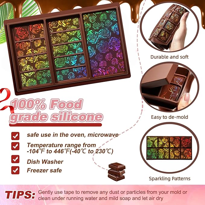 Ziliny Rose Holographic Chocolate Bar Mold Silicone, Rainbow Light Effect Chocolate Bar Deep Thick Molds for DIY Candy Dessert Baking, Candy, Wax Melts, Cake Decoration (Large and Thick)