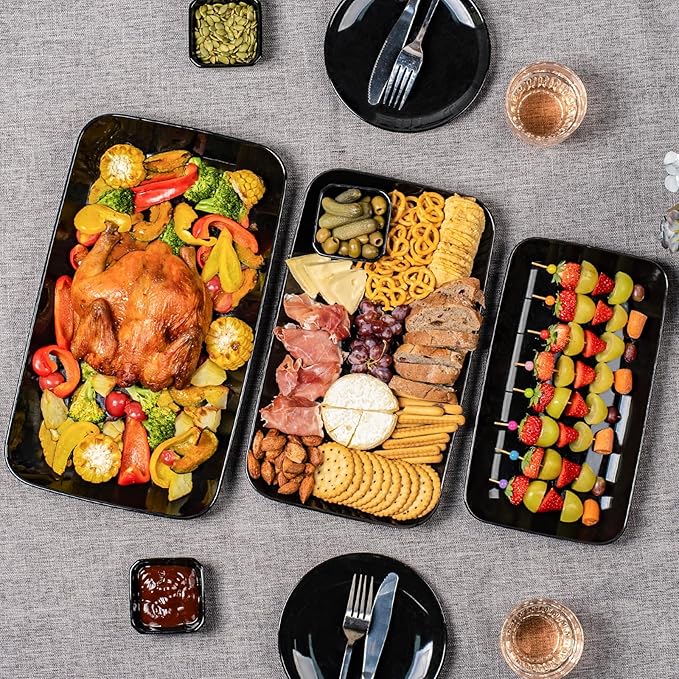 DELLING Large Serving Platter Set of 3, 16/14/12 Inch Porcelain Serving Trays for Party - Black Ceramic Rectangular Platters for Entertaining,Platter for Thanksgiving Christmas, Dishwasher Oven Safe
