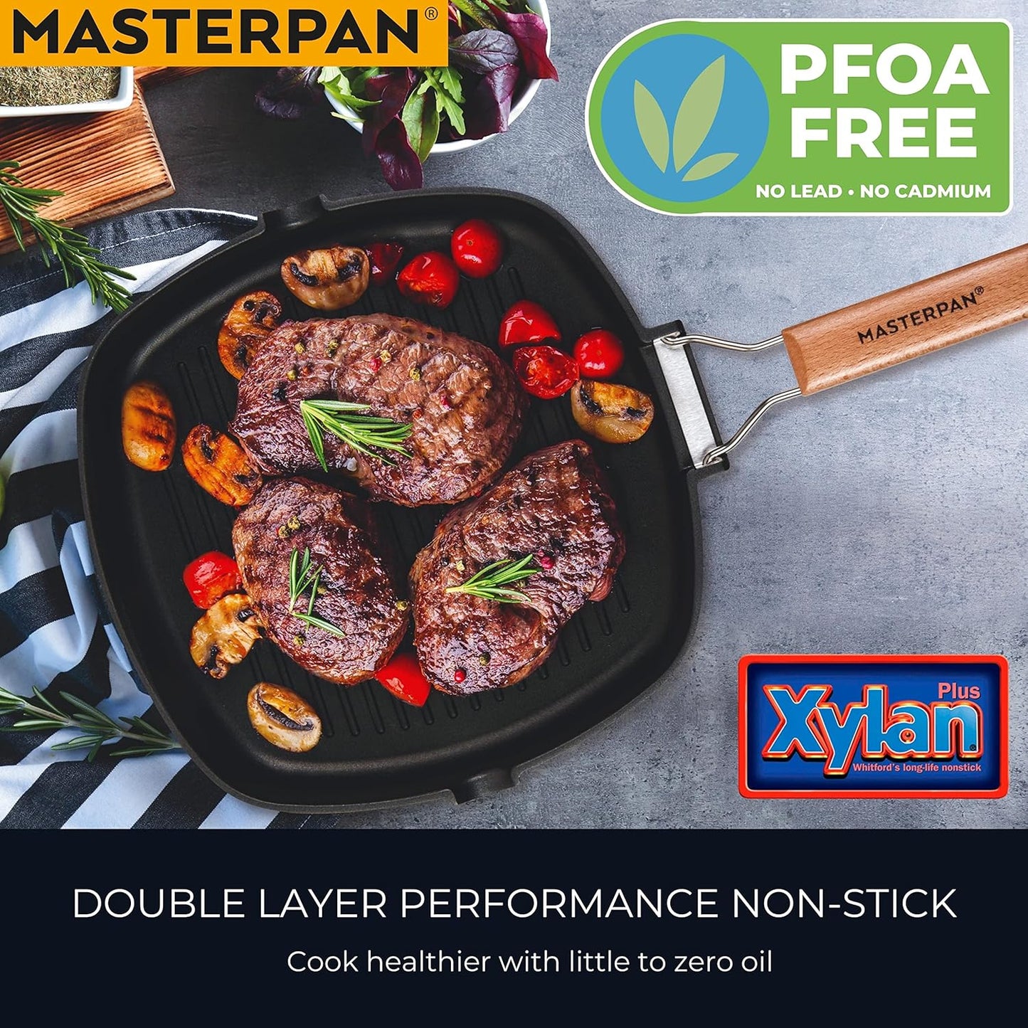 Non-Stick Grill Pan with Folding Wooden Handle, 8", Black and Brown