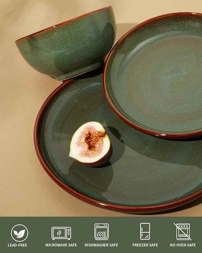 Stoneware Dinnerware Sets, Ceramic Plates and Bowls Set, Microwave & Dishwasher Safe Kitchen Dishes, Modern Dinner Salad Plates | Cereal Bowls, Dishware Sets Service for 4 Sage Green