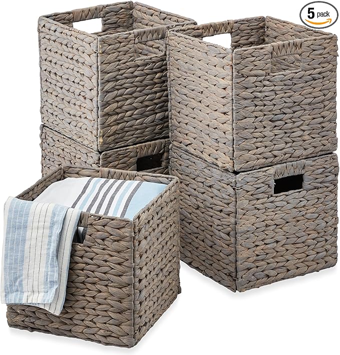 Best Choice Products 12x12in Pack of 5 Cube Storage Baskets, Water Hyacinth Multipurpose Collapsible Organizers, Handwoven Laundry Totes for Laundry, Living Room, Kids Room & Nursery - Gray