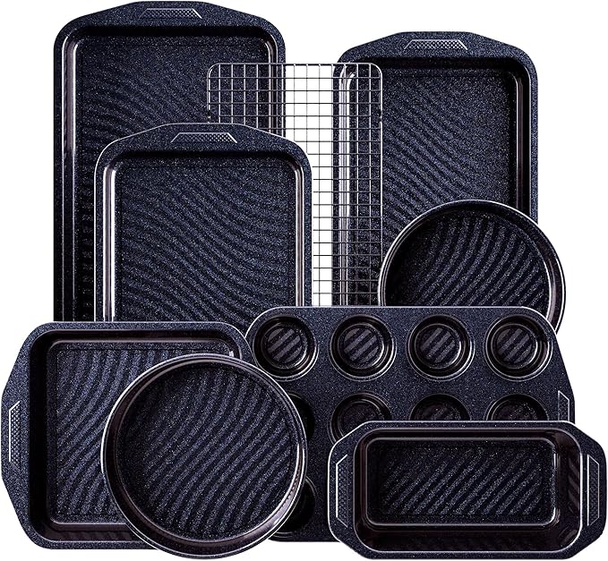 HONGBAKE 9-Piece Non Stick Bakeware Sets with Wave Texture for Reduced Grease, 0.8mm Thick Non Toxic Baking Pans Set, Includes Stackable Cookie Sheets for Oven Cooking, Shimmer Blue