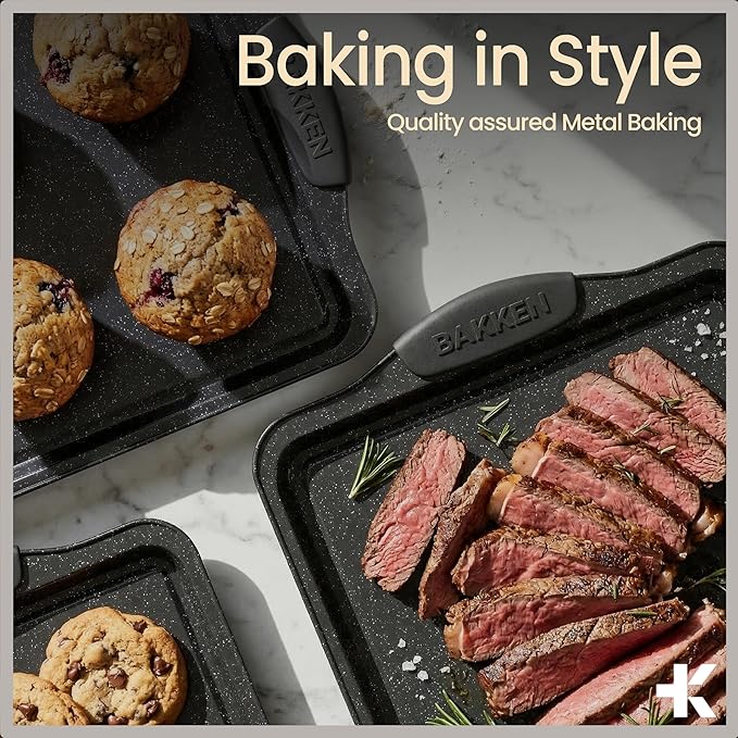 BAKKENMaster 6-Piece Nonstick Gray Marble Coated Bakeware Set - Professional Quality Carbon Steel Pans with Silicone Handles - Ideal for Oven, Refrigerator, Freezer - Dishwasher Safe