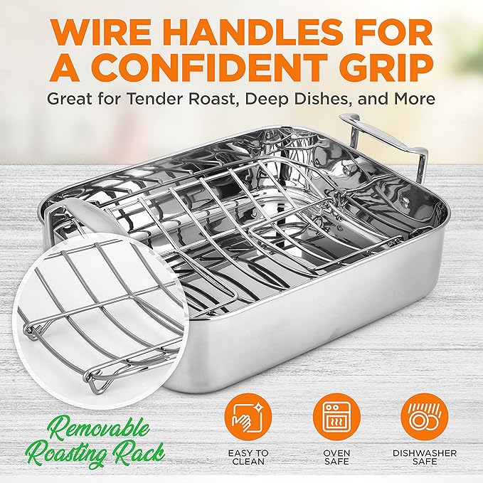 NutriChef Roasting Pan with Rack – Oven Safe Roaster w/Removable Polished Rack,Durable Warp-Resistant Bakeware, Wide Handles, Dishwasher Safe, PFOA-Free, Ideal for Turkey, Chicken, Meat & Vegetables