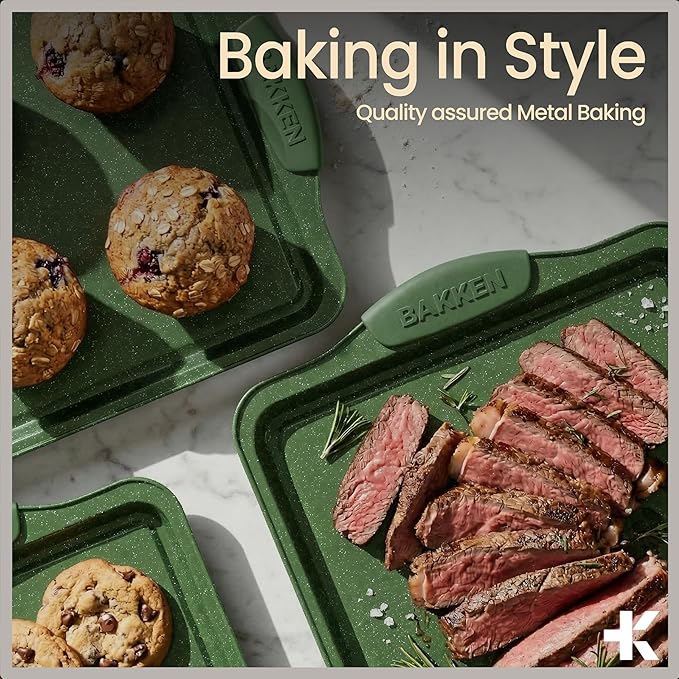 BAKKEN Kitchen Baking Pan Set - Nonstick Green Marble Coating, Carbon Steel Bakeware Sets with Green Silicone Handles, Kitchen Essentials, PFOA, PFOS, PTFE Free, Oven Safe (Up To 450° F), Set of 8