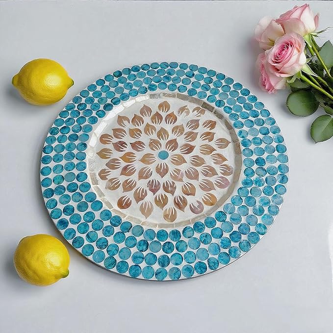 13 Inch Mother of Pearl Shell Placemat Plate – Large Round Decorative Heat for Table or Kitchen, Cabinet, Tabletop (Water Lily Shell, 13 Inch)