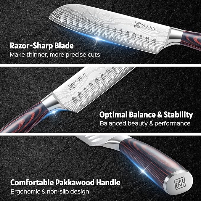 PAUDIN Santoku Knife, 7 Inch Kitchen Knife, Ultra Sharp Edge - Forged High Carbon German Stainless Steel, Professional Chef Knife with Ergonomic Handle, Gifts for Men and Women