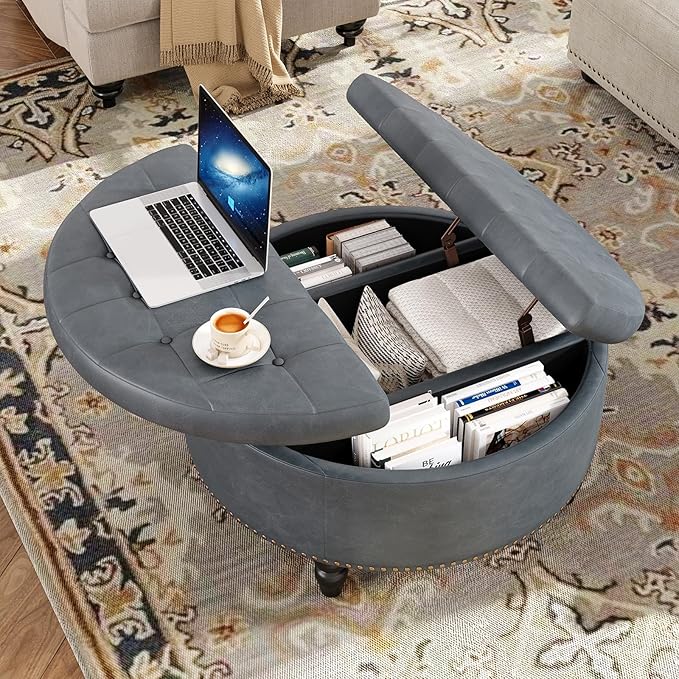 30 Inch Large Round Ottoman with Storage, Modern Leather Ottoman Coffee Table with Lift Top, Upholstered Button Tufted Footrest Stool Toy Blanket Storage for Living Room, Gray