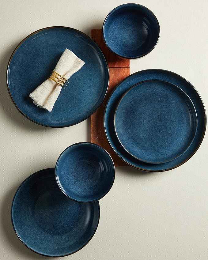 16 Piece Double Bowl Dinnerware Sets with Pasta Bowls, Highly Chip and Crack Resistant Plates and Bowls Sets, Natural Earthyware Ceramic Dishware Sets, Service for 4 Starry Blue