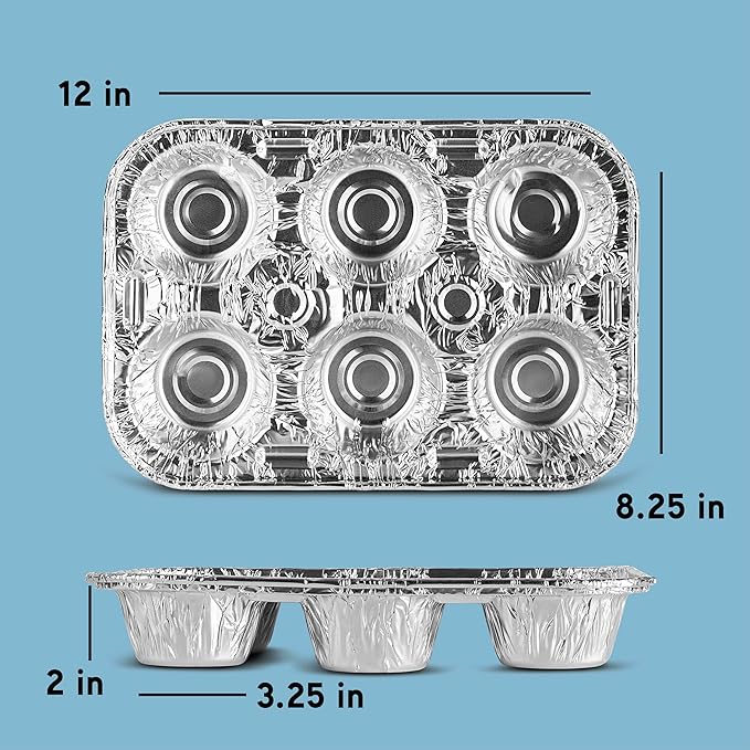 PLASTICPRO Aluminum Foil Muffin Pans Reusable and Disposable, Muffin & Pie foil Pan (50, 6 cavity XL)