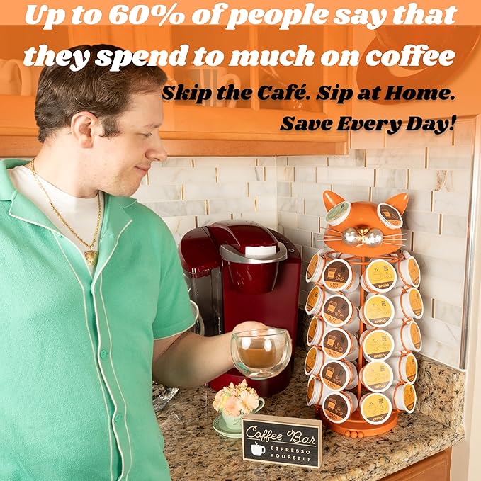 Made Easy Kit Carousel Coffee Pod Holder, Compatible with Keurig K-Pods K-Cups, Countertop Rack Storage Organizer, Metal Home and Kitchen Decor, Capsule Café Station Bar (Large, Orange Cat)