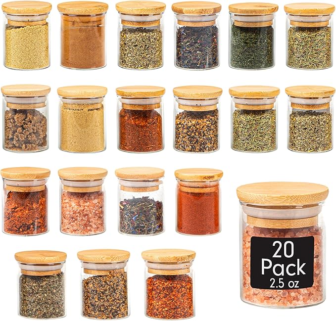 Crutello 20 Pack 2.5 Oz Mini Spice Jars with Bamboo Lids, Dishwasher Safe Jars for Spices, Honey, Beans, Rice, Party Favors | Crutello is a Family-Owned American Brand