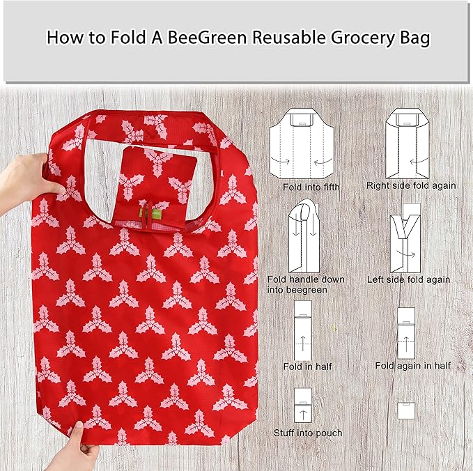 BeeGreen Christmas Red Reusable Grocery Bags 12 Pack with Storage Pouch & Elastic Band Gift Bags Shopping Tote Bags Bulk Ripstop 50LBS Extra Large Machine Washable