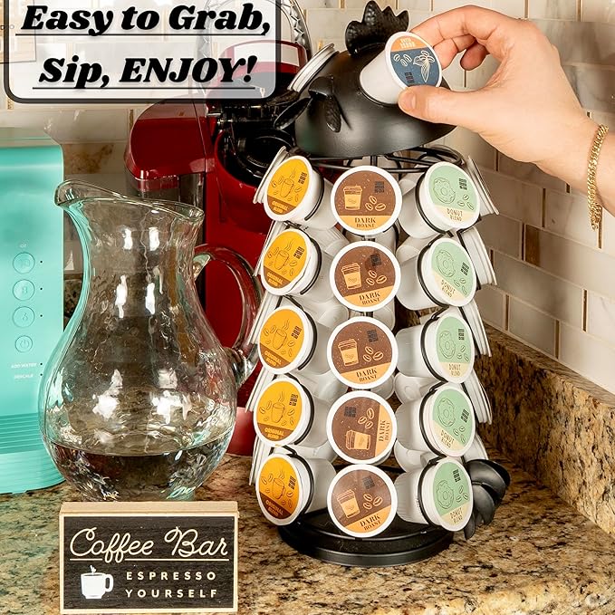 Made Easy Kit Carousel Coffee Pod Holder - Compatible with Keurig K-Pods K-Cups - Countertop 360 Spin Rack Storage Organizer - Revolving Base - Capsule Café Station Bar (Rooster Black, Small)