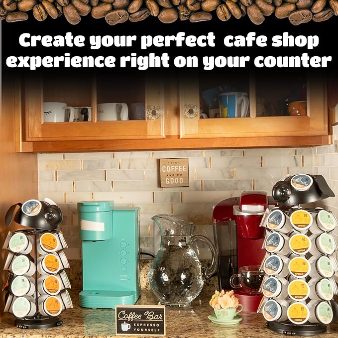 Made Easy Kit Carousel Coffee Pod Holder, Compatible with Keurig K-Pods K-Cups, Countertop Rack Storage Organizer, Metal Home and Kitchen Decor, Capsule Café Station Bar (Small, Black Dog)