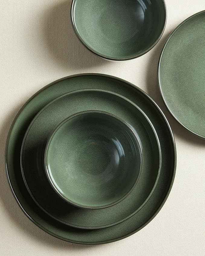 Plates and Bowls Sets for 8, 24 Piece Dinnerware Set for Large Families & Entertaining, Elegant Design, Dishwasher & Microwave Safe, Chip Resistant and Durable, Forest Green