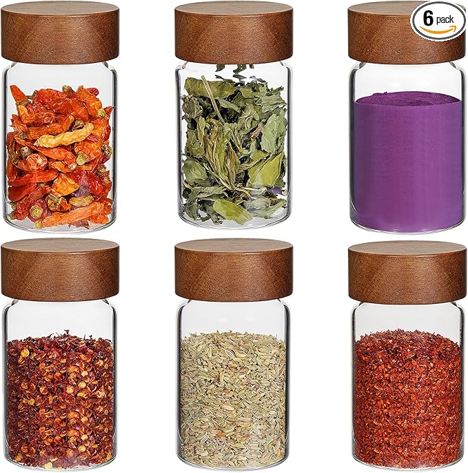 6 oz Glass Spice Jars Herb Seasoning Containers Small Glass mason Jars with Wooden Airtight Lids Food Storage Canister for Sugar Ground Kitchen Pantry Tea Coffee Bean Cookies Salt (6oz(177ml)*6 pack)