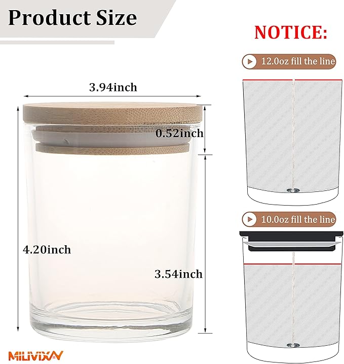MILIVIXAY 12 Pack 12 OZ Clear Glass Candle Jars with Lids and Candle Making Kits - Bulk Empty Candle Jars for Making Candles - Spice, Powder Containers.