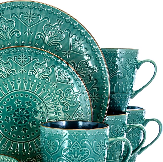 Elama Sea Foam Mozaic 16 Piece Round Stoneware Dinnerware Set in Sea Green