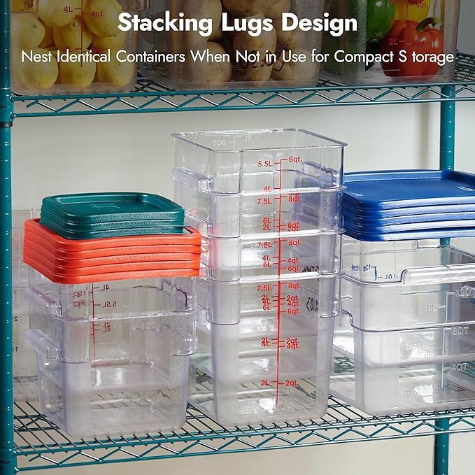 CURTA 8-Pack 12 Qt NSF Clear Polycarbonate Food Storage Containers with Blue Lids - Square, Commercial-Grade, Freezer & Dishwasher Safe, Stackable