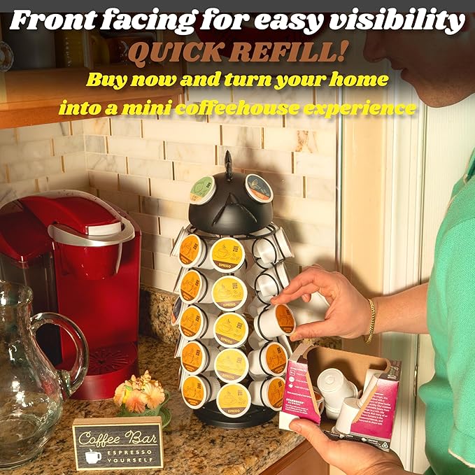Made Easy Kit Carousel Coffee Pod Holder, Compatible with Keurig K-Pods K-Cups, Countertop Rack Storage Organizer, Metal Home and Kitchen Decor, Capsule Café Station Bar (Large, Black Rooster)