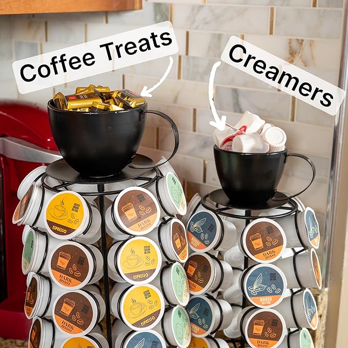 Made Easy Kit Carousel Coffee Pod Organizer - Compatible with Keurig K-Pods K-Cups - Countertop 360 Spin Rack Storage - Lazy Susan Revolving Base Metal (Black Coffee Mug, Large (40 Pods))