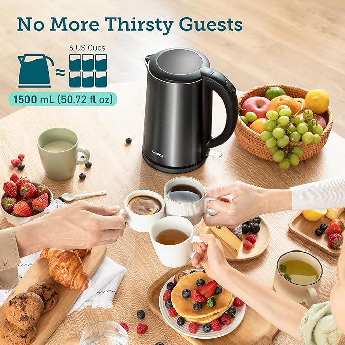 Cosori Electric Kettle, No Plastic Inner Lid, Filter & Spout, Stainless Steel Tea Kettle, Automatic Shut Off & Boil-Dry Protection, Durable Tea Kettle Boiler & Heater, 1.5L/1500W, Black