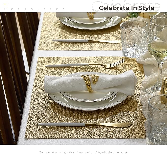 Leetaltree Gold Placemats Set of 6 - Heat Resistant Non-Slip Place mats for Dining Table, Washable Durable PVC Vinyl Woven Table Mats(Luxury Gold, 6)