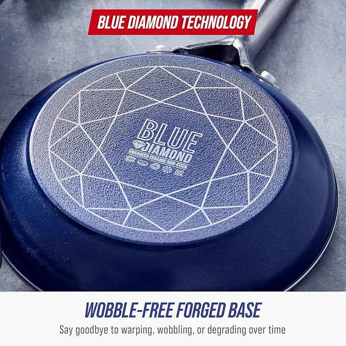 Blue Diamond 14 Piece Cookware Set, Diamond Infused PFAS & PFOA-Free Ceramic Nonstick Pots and Pans, Durable, Non Toxic, Metal Utensil Safe & Scratch Resistant, Dishwasher & Oven Safe, Blue