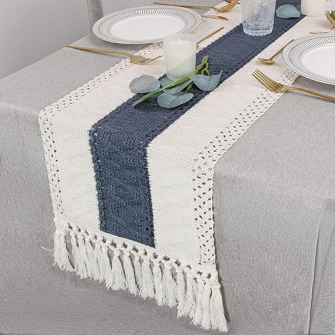 FEXIA Boho Table Runner 90 Inches Long with Tassels Farmhouse Rustic Cream & Blue Macrame for Dining Bedroom Baby Bridal Shower Decor(12x90 Inches)