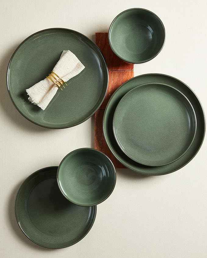 Stoneware Dinnerware Sets, Ceramic Plates and Bowls Set, Microwave & Dishwasher Safe Kitchen Dishes, Modern Dinner Salad Plates | Cereal Bowls, Dishware Sets Service for 4 Forest Green