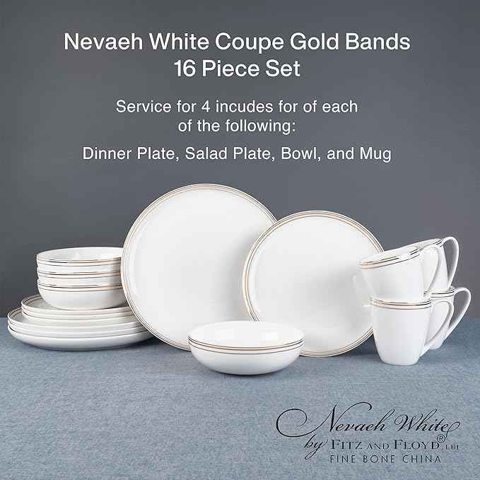 Everyday White by Fitz and Floyd Nevaeh Bone China Coupe Platinum Bands Dinnerware Set, Service for 4