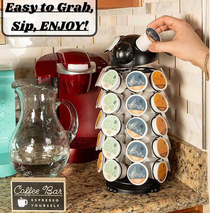 Made Easy Kit Carousel Coffee Pod Holder - Compatible with Keurig K-Pods K-Cups - Countertop 360 Spin Rack Storage Organizer - Revolving Base - Capsule Café Station Bar (Dog Black, Small)
