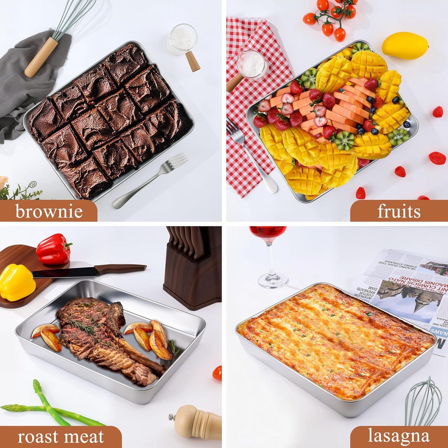 LIANYU Rectangle Baking Pan Set of 3, 12⅓ x 9¾ x 2 Inch Cake Lasagna Pan, Stainless Steel Toaster Oven Bakeware for Casseroles Brownies, Oven & Dishwasher Safe