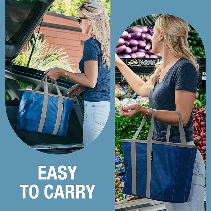 CleverMade EcoBasket Reusable Grocery Tote - 30L - Pack of 1 - Blue Gray - Collapsible Storage Shopping Organizer - Heavy Duty Utility Bag Home