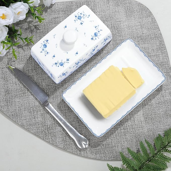 fanquare Porcelain Butter Dish with Lid, Classic Ceramic Butter Keeper with Raised Leg, Butter Dishes for Cafeteria Kitchen Countertop, Blue and White (Blue Rose)