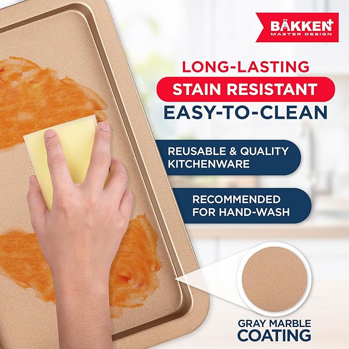 BAKKEN Kitchen Baking Pans - Nonstick Brown Coating, 13.18’’ × 8.66’’ Commercial Grade Carbon Steel Cookie Sheet, Baking Kitchen Essentials, PFOA, PFOS, PTFE Free, Oven Safe Tray (450° F), Brown