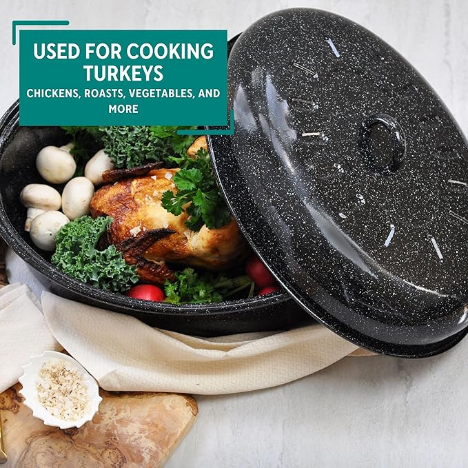 MIRRO 15in Enamel Oval Roaster with Lid, Black