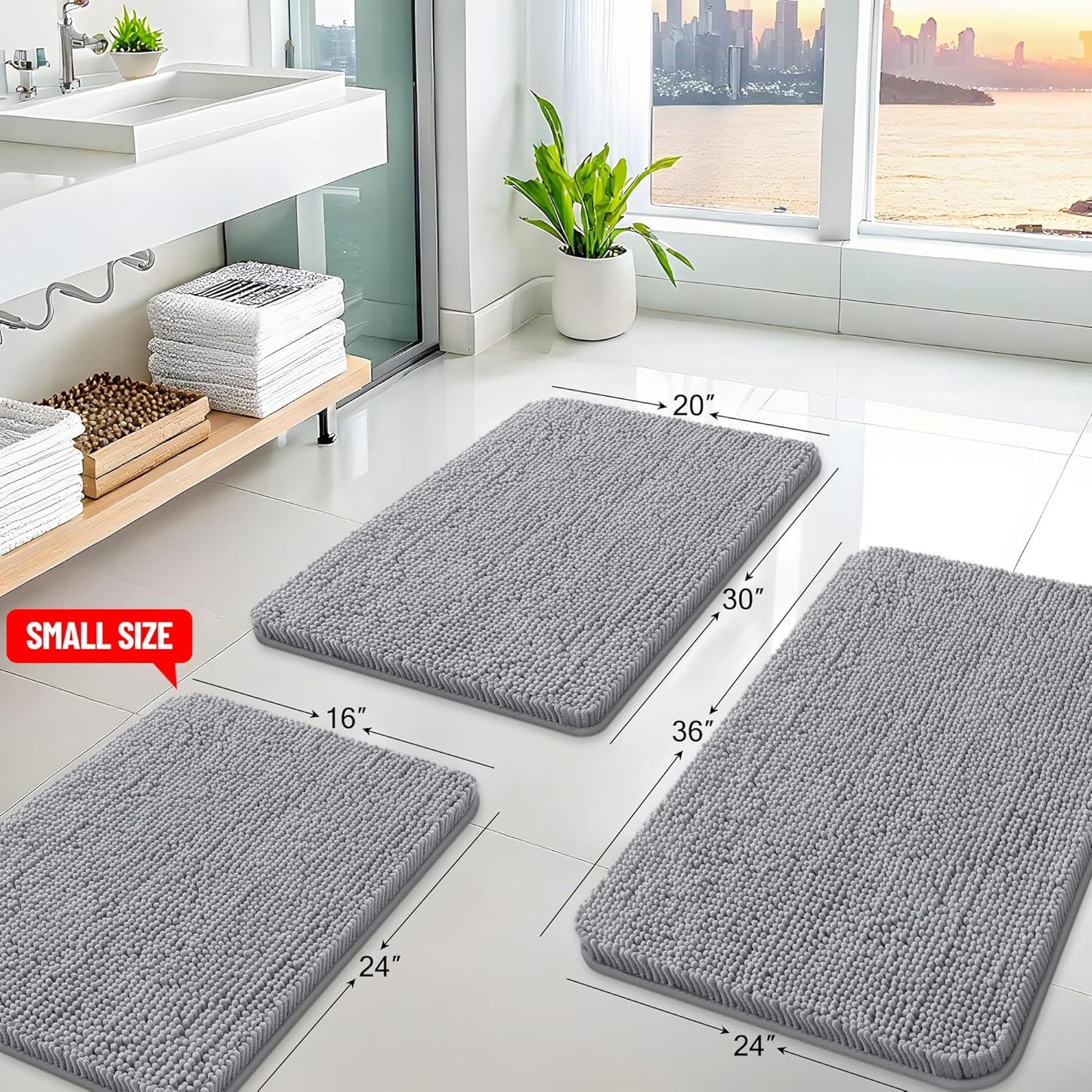 Arotive Bathroom Rugs 34x21, Extra Soft Absorbent Shaggy Chenille Bath Rugs, Machine Washable Rubber Backing Non-Slip Bath Mats for Bathroom Floor Tub and Shower, Home Decor Accessories, Grey