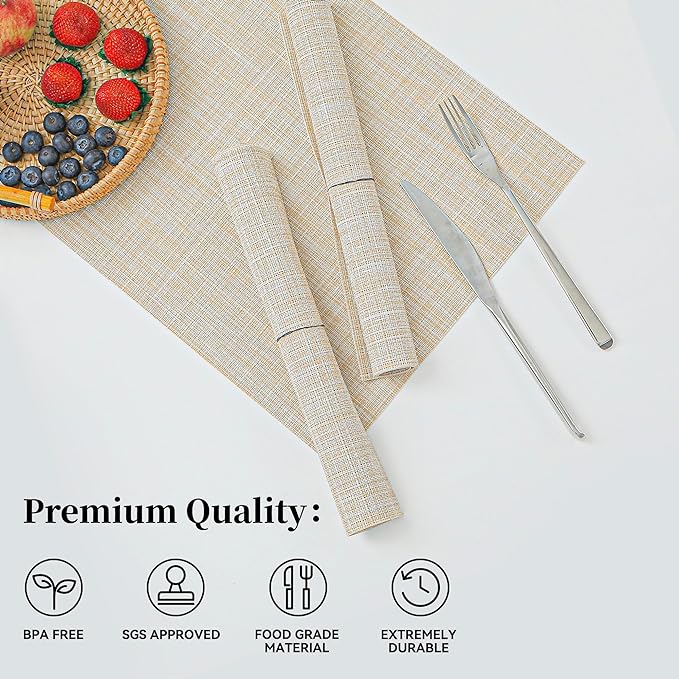 Leetaltree Beige Placemats Set of 16 - Heat Resistant Non-Slip Place mats for Dining Table, Washable Durable PVC Vinyl Woven Table Mats(Beige, 16)